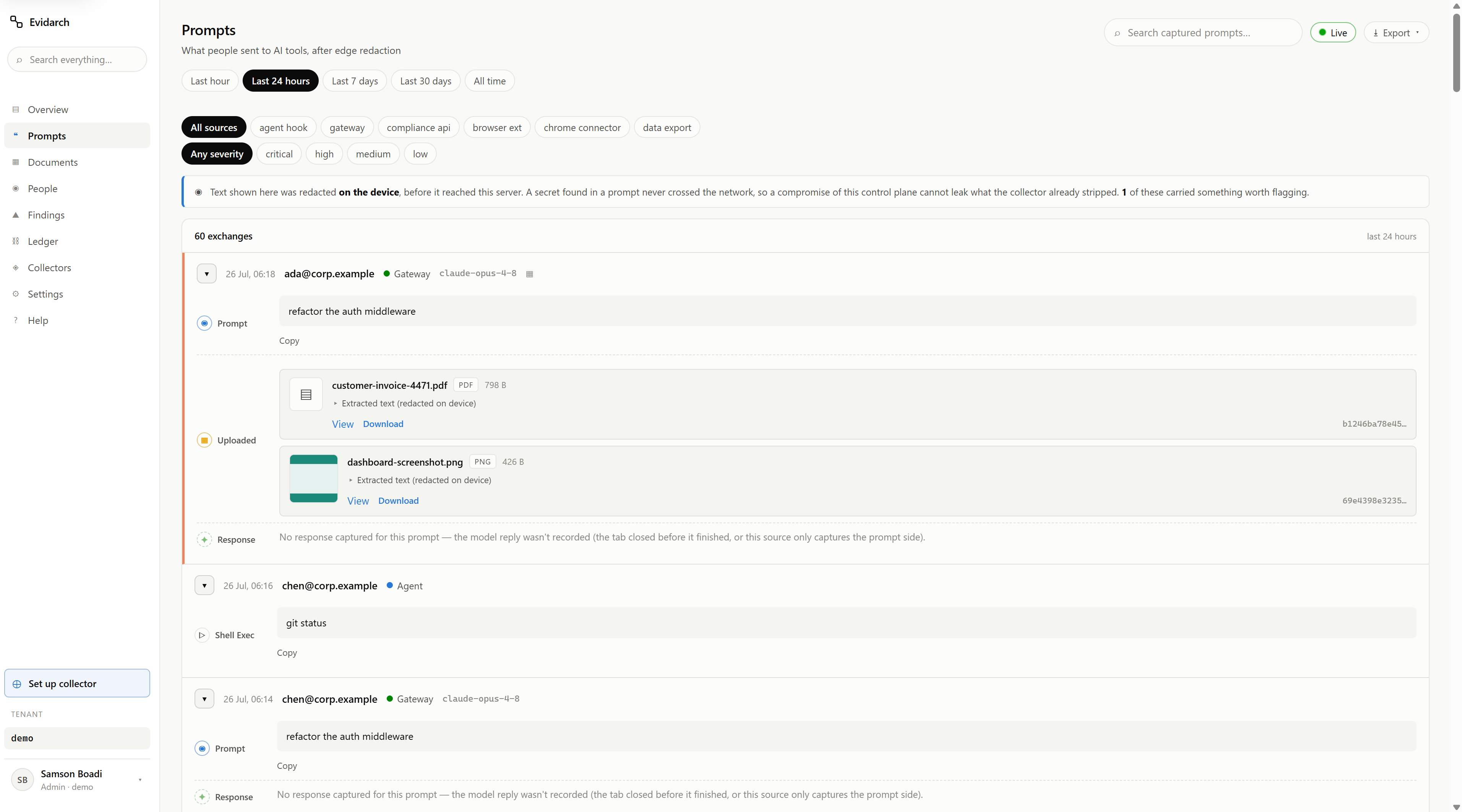 The Prompts view in the Evidarch console. A banner states that the text shown was redacted on the device before reaching the server. Below it, an exchange from ada@corp.example shows the prompt “refactor the auth middleware” with two uploaded files attached, each labelled “Extracted text (redacted on device)”.